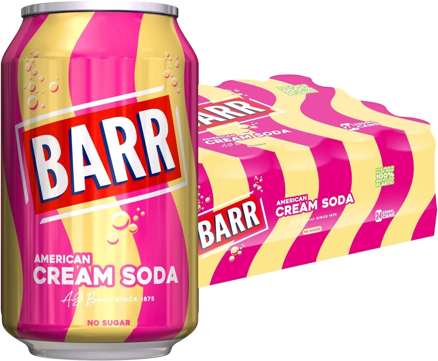 BARR since 1875, 24 Pack American Cream Soda, Zero No Sugar Sparkling Soft Drink with a Creamy Taste of American Cream Soda, "Fizzingly Fun" - 24 x 330ml Cans Beverage Ice Cold Summer