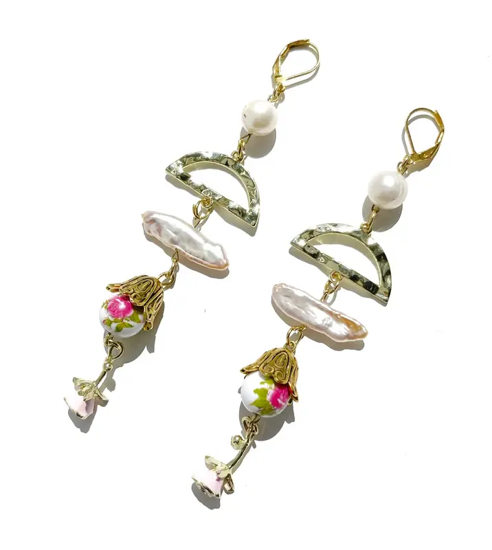 Pearl drop earrings with rose flower charm, white freshwater pearl dangle earrings, statement earrings, summer earrings 5