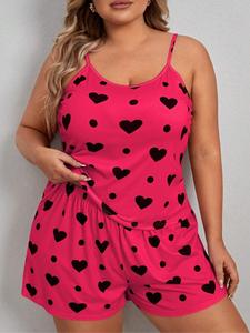【Plus Size】 Two-piece Set Heart Print Cami Top & Elastic Waist Shorts, Casual Sleeveless Spaghetti Strap Top & Shorts, Women's Two-piece for Summer, Womenswear, Cute Set Outfits