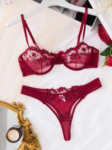 Women's Floral Embroidery Bow Decor Underwear Set, Elegant Comfortable Push Up Bra & Panty Sheer Mesh Lingerie Set, Women's Summer Underwear, Summer Outfits 2024