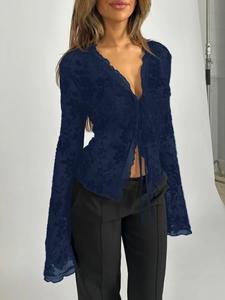 Women's Plants Print Tie Front Top, Casual Long Sleeve  Top for Spring, Women's Clothing for Daily Wear