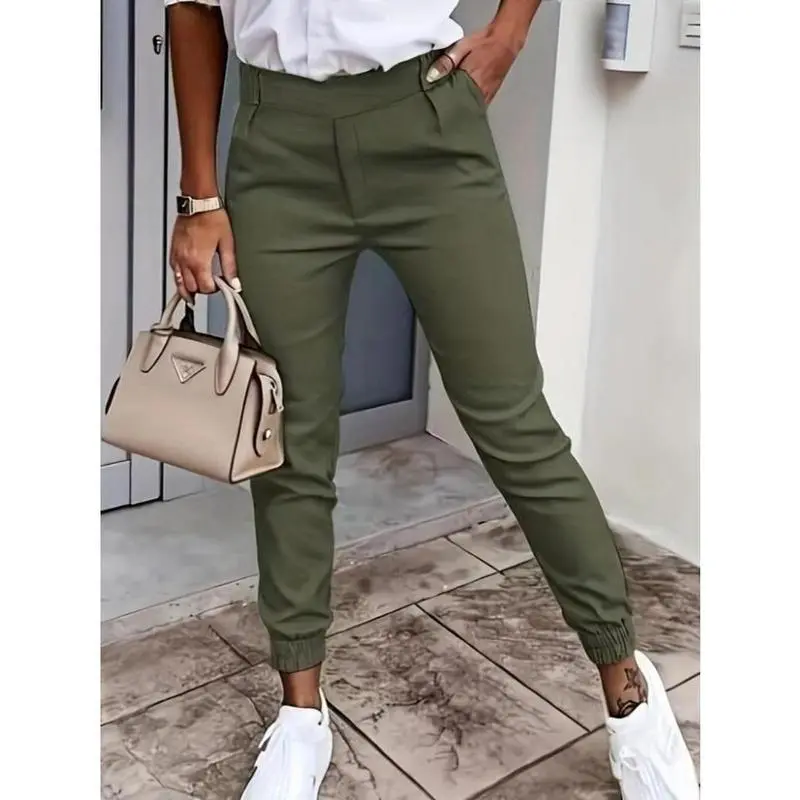 Women's Solid Elastic Waist Pants, Casual Pocket Design Trousers for Daily Outdoor Wear, Women's Bottoms for All Seasons Womenswear Comfort