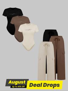 Women's Letter Print Short Sleeve Bodysuit & Drawstring Waist Pants Set, Casual Minimalist Style Relaxed Fit Round Neck Snap Closure Bodysuit & Pocket Trousers, Ladies Casual Summer Outfits Set Women for All Seasons, Womenswear, Basic Matching Sets