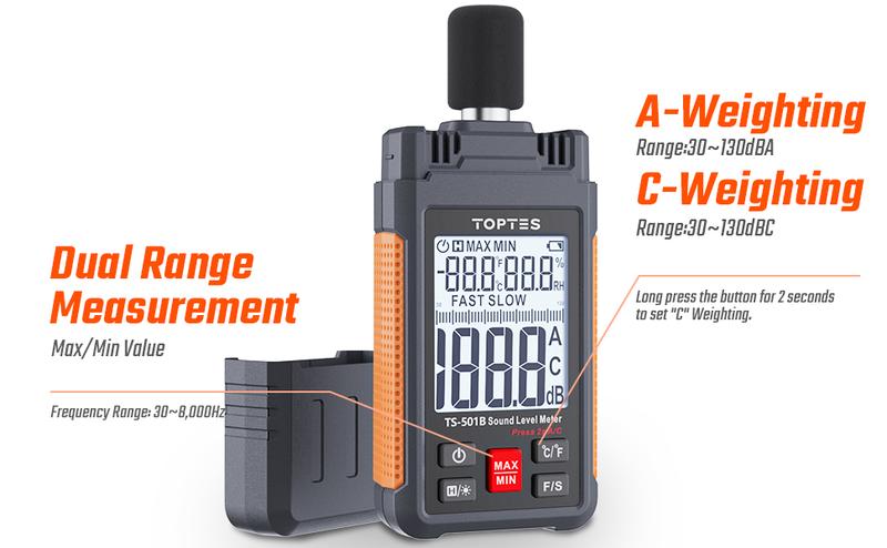 Product Introduction of Decibel Meter, TopTes TS-501B Sound Level Meter with A/C Weighting, Measuring Range 30 to 130 dB, SPL Tester for Noise Control, 2.25-inch Backlit LCD Display, MAX/MIN, Data Hold - Orange 1