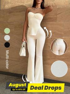 Women's Solid Color Sleeveless Tube Top & Skinny Pants Set, Basic Elegant Fashion Minimalist Casual Top & Slim Flared Leg Trousers Set for Daily Outdoor Wear, Ladies Clothes for All Seasons, Womenswear, Casual Summer Set, Chic Summer Outfits Set, Suits