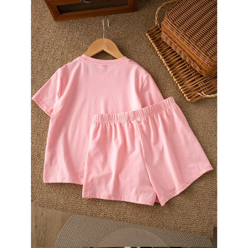 2pcs Tween Girls Casual Minimalist Bow Decor Short Sleeve Top And Shorts Set, Summer Outfit 1