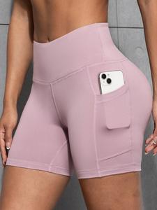 Women's Solid Color Pocket Design Skinny Shorts, Comfy Breathable High Stretch Yoga Shorts, Ladies Bottoms for All Seasons, Short Gym Leggings, Leggings for Women, Casual Sport Shorts, Yoga Biker Shorts, Yoga Activewear, Solid Colour Super Stretch Shorts