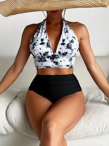 Women's Ruched Padded Bikini Set, Casual Halter Neck Swim Bra & High Waist Swim Panty Set, Ladies Summer Swimsuit for Beach Holiday Vacation, Colorblock Print Bikini