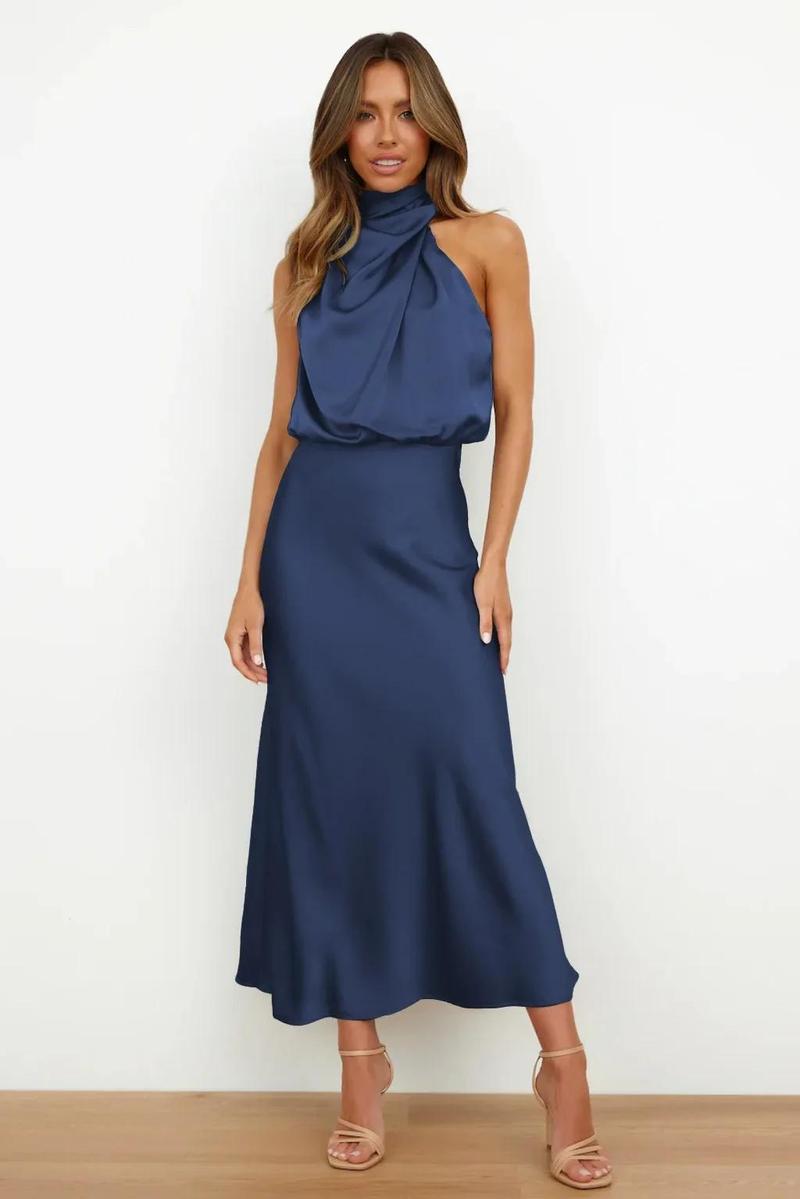 Product Introduction of 2025 Spring/Summer Long Dress for Women High Waist Halter Satin Sleeveless Dress Fashion Elegant Solid Evening Party Dresses 3