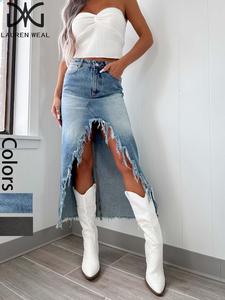 Women's Plain Asymmetrical Hem Denim Skirt, Casual Fashion Button Fly Skirt for Daily Wear, Ladies High Waist Bottoms for All Seasons