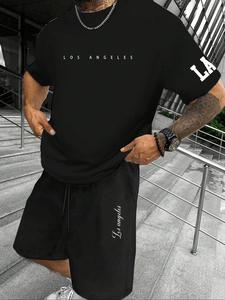 Two-Piece Set Men's Letter Print Short Sleeve Tee & Shorts Set, Regular Fit Casual Round Neck T-shirt & Track Shorts, Men's Summer Clothes