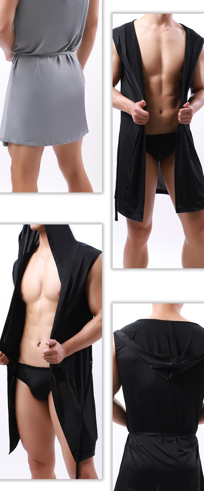 Product Introduction of European Style Men's Bathrobe Cool Milk Silky Men's Hooded Sleeveless Thin Pajama Set with Underwear 1