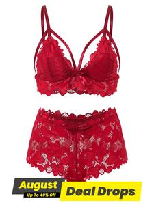 Women's Plus Size Bow Decor Lace Bra & Scallop Trim Brief Boxer Set, Adjustable Strap Push Up Lingerie & Sheer Panty Set, Soft Comfy Breathable Underwear Set for Women