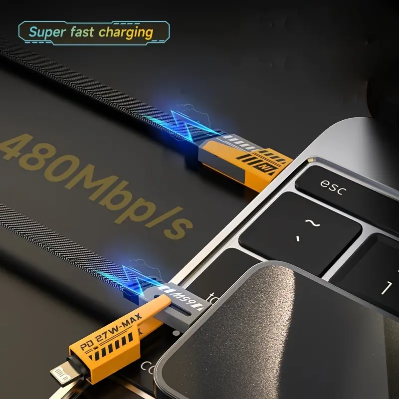 4-in-1 Fast Charging Cable, 150cm Dual Type-C & USB Lighting Connectors, Fabric Flat Cable, Matte Surface, USB Male to Male, Compatible with for iPhone,, USB Type C Charger Tablet Charge Cable 4