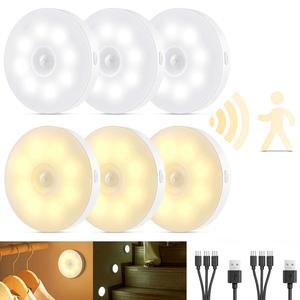 3/6 Pack 8LEDs Motion Sensor Night Lights, Christmas Gifts, Auto Under-cabinet Lights, 5 Modes USB Rechargeable Automatic Indoor Lighting, for Hallway, Cabinet, Closet, Wardore, Stairs, Bedroom, Kitchen, Basement, Front Door