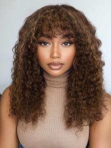 14 Inch Short Fluffy Wave Wig Wigs for Women, Gorgeous Fluffy Wigs with Bangs, Human Hair Full Machine Wigs for Party, Daily Use