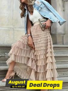 Women's Plain Ruffle Hem Tiered Layer Skirt, Elegant High Waist Long Skirt for Vacation Holiday Party, Ladies Bottoms for All Seasons, Long Skirt Women