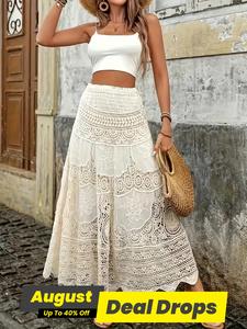Women's Plain Hollow Out Skirt, Boho Fashion A Line Long Skirt for Beach Holiday Vacation, Ladies Bohemian Bottoms for All Seasons
