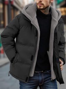 Men's Patchwork Drawstring Zip Up Hooded Winter Coat, Regular Fit Casual Long Sleeve Pocket Outerwear for Fall & Winter, Men's Clothes for Daily Wear