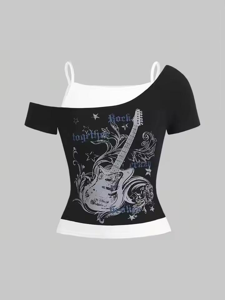 Product Introduction of Y2k Slim Fit Print Tops Women Off Shoulder Short Sleeve Tee Shirt  American Vintage Fake Two Piece Halter Lace Up T-shirts 1