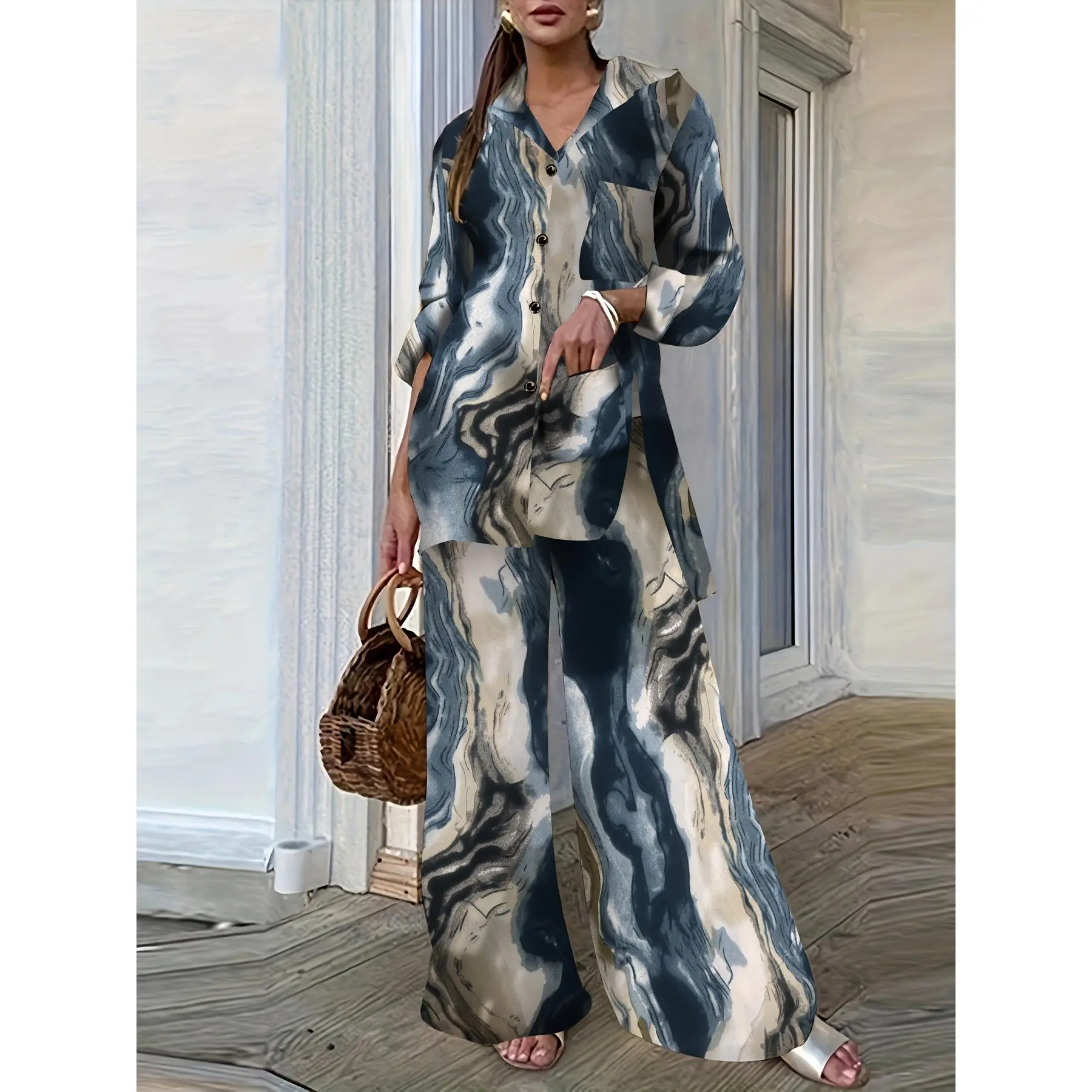 Spring 2025 Farshi Shalwar Outfits Women's Elegant Two-Piece Fashion Set - Abstract Blue and Beige Print, Long Sleeve Button-Up Shirt & Wide-Leg Pants, Polyester, Machine Washable, Ladies Pant Sets