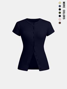 Women's Solid Color Button Tee, Casual Short Sleeve Round Neck T-shirt for Daily Wear, Ladies Clothes for All Seasons