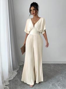 Women's Solid Color V Neck Jumpsuit, Elegant Minimalist Batwing Sleeve Jumpsuit for Summer, Women's Jumpsuit for Daily Wear, Womenswear, Casual Fit Fashionable Jumpsuit