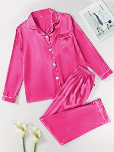 Two-piece Set Women's Solid Contrast Binding Satin Pyjamas, Long Sleeve Lapel Button Front Shirt & Elastic Waist Pants Pj Set, Casual Comfortable Sleepwear Set for Women, Sleepover Supplies for Girls, Pajama Sets Women