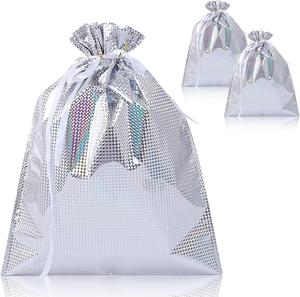 43 * 58cm Extra Large Xmas Gift Wrapping Bag,3pcs Silver Christmas Goody Drawstring Bag for Christmas Party Present