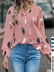 Women's Feather Print Notched Neck Blouse, Elegant Bishop Sleeve Top for Spring & Fall, Women's Clothing for Daily Wear, Womenswear