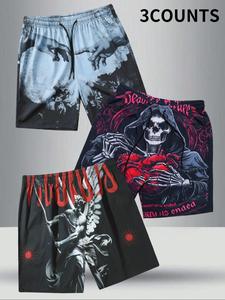 Men's Skull & Angel & Hand Print Drawstring Waist Shorts, Regular Fit Casual Comfy Breathable Shorts for Summer, Men's Bottoms for Daily Wear