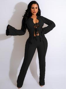 Two-Piece Set Women's Solid Tie Front Flounce Sleeve Blouse & Pants Set, Casual Fashion Cozy Top & Trousers for Daily Outdoor Wear, Ladies Clothes for All Seasons, Womenswear, Fall outfit