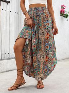 Women's Random Paisley Print Tie Waist Skirt, Boho Fashion Casual Shirred Skirt for Daily Holiday Vacation Wear, Ladies Bottoms for Summer