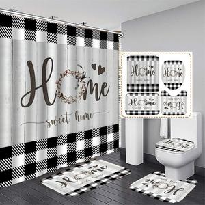 Plaid & Letter Pattern Bathroom Set, 4pcs Modern Non-slip Bathroom Decoration Set, Including Bath Curtain, Toilet Lid Mat & Bath Mat, Bathroom Supplies, Home Goods