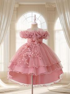 Girl's Floral Embroidery Layered Tulle Formal Dress, Elegant Party Dress for Performance Show Wear, Kids Clothes for All Seasons, Embroidered Tulle Dress