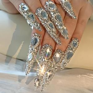 Rhinestone Decor Almond False Nails Set, 10pcs Glittering Fake Nails &1 Count Nail File & 1 Count Tape for Women & Girls Diy Nail Art, Fake Nails