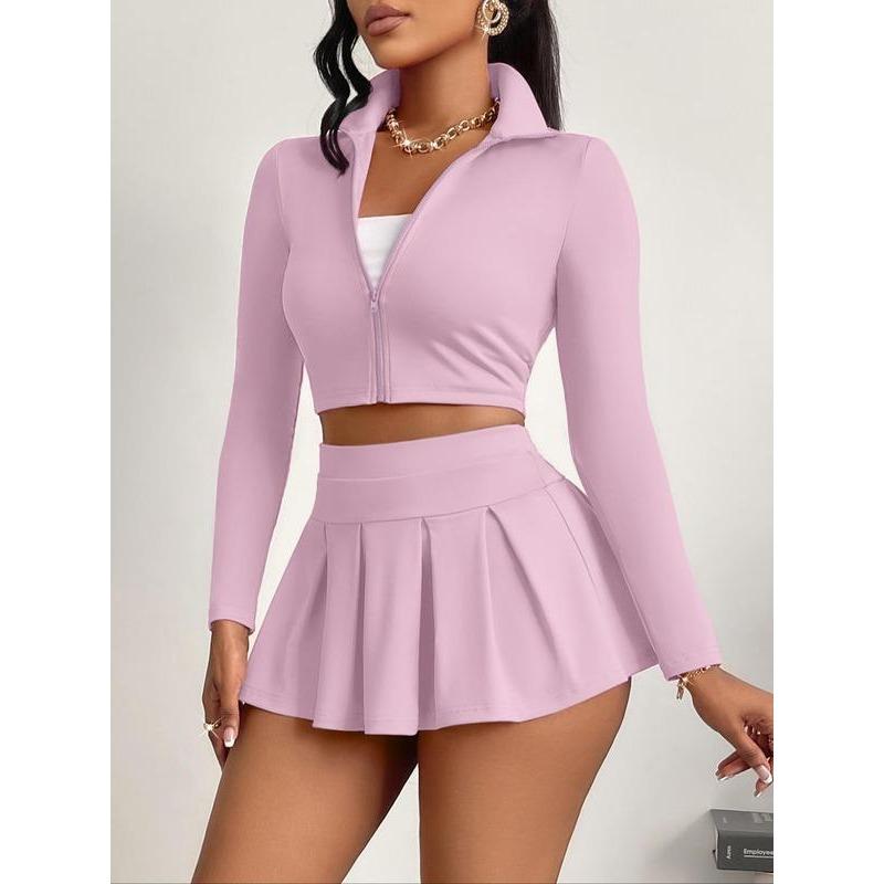 Women's Solid Zip Up Crop Jacket & High Waist Skirt Two-piece Set, Casual Fashion Cozy Two Piece Outfits for Daily Outdoor Wear, Women Clothes for Spring Fall 3