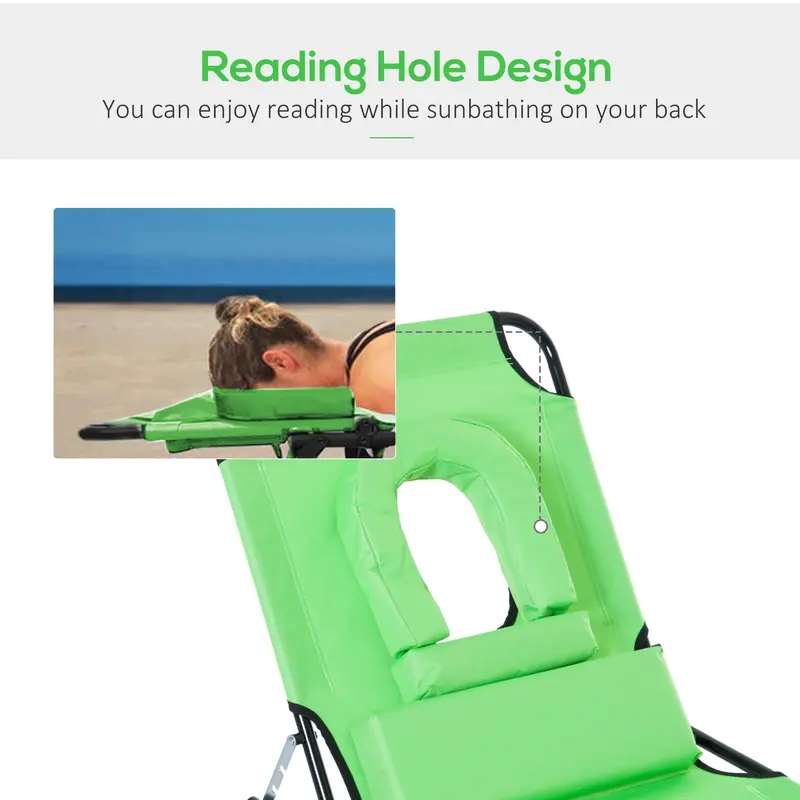 Outsunny Outdoor Folding Sun Lounger with Face Hole, 4 Level Adjustable Backrest Reclining Garden Lounger, Garden Recliner Sunbed with 600 D Oxford Cloth Seat and Pillow for Beach, Green 6