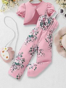 Toddler Girl's Solid Color Crop Top & Floral Print Jumpsuits Two-piece Set, Casual Top & Jumpsuits for Summer, Kids Clothes for Daily Wear, Baby Clothing