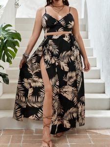 【Plus Size】 2 Counts  All Over Leaf Print Tie Back Crop Cami Top & Split Thigh Skirt Set, Boho Casual V Neck Backless Camisole & High Waist Long Skirt Set for Beach Holiday Vacation, Women's Summer Outfits