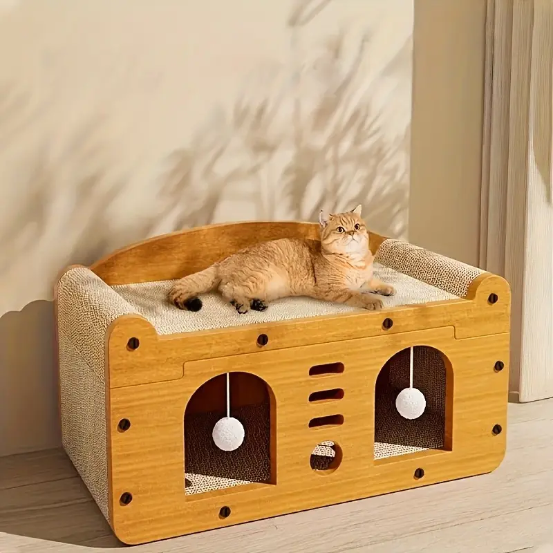 1Set Luxury Large Cat Scratcher with Whiskers - High Aesthetic, Multi-Level Fiberboard Cat Apartment with Hanging Toys & Cozy Bed, Ideal for All Cat Sizes, Perfect Winter Gift, Cat Lover Gifts 1