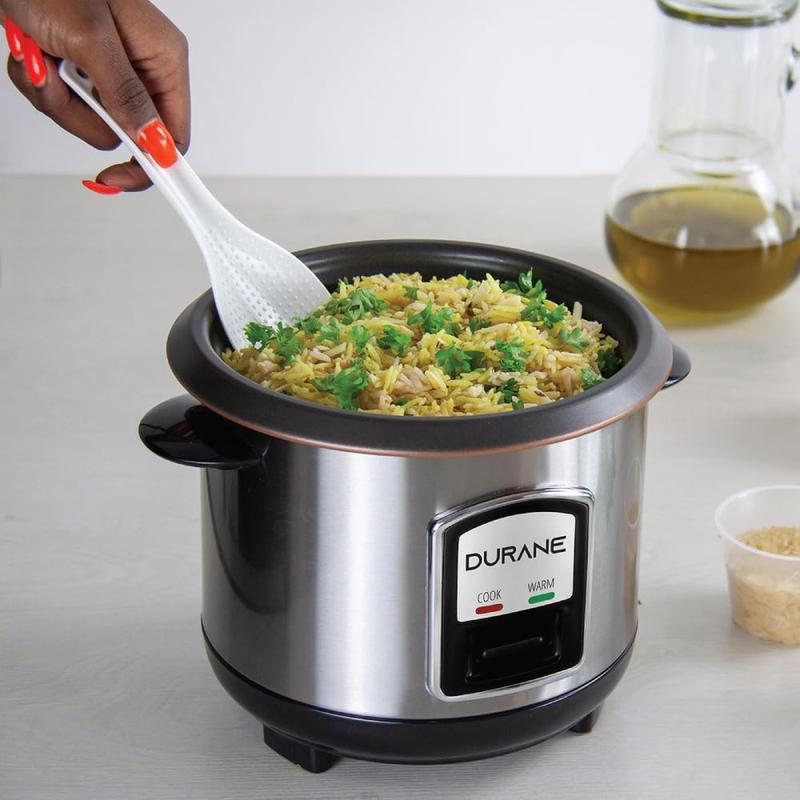 Product Introduction of Stainless Steel Electric Rice Cooker 0.8L Non-Stick Removable Bowl Cook & Keep Warm Functions and Vented Glass Lid Includes Measuring Cup & Rice Scoop 4