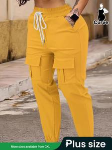 【 Plus Size】 Solid Adjustable Drawstring Waist Cargo Trouser, Casual Pocket High Waist Jogger Pants for Daily Wear, Women's Bottoms for All Seasons, Womenswear, Cargo Joggers, Leg Joggers Everyday, Cargo Trousers