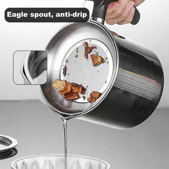 2 Pcs Oil Strainer Pot Grease Can, 1.3L Stainless Steel Oil Container with Strainer, Bacon Grease Container with Lid and Non-Slip Plate for Storing Frying Oil and Cooking Grease 3