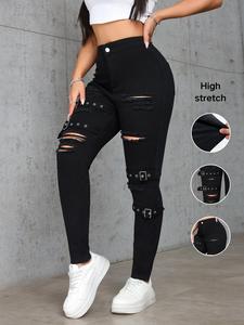 Women's Ripped Pocket Skinny Jeans, Fashion Casual Denim Pants for Daily Outdoor Wear, Ladies Bottoms for Summer