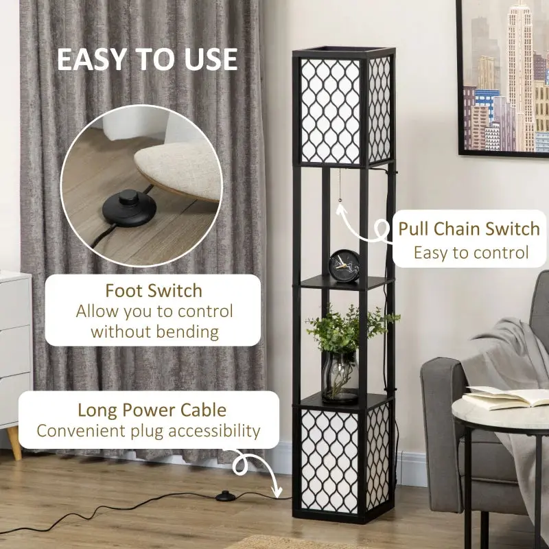 Rustic Style Floor Lamp with 2-Tier Inner Shelves and Pull Chain Switch - Black 5