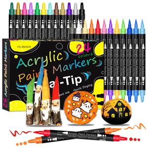 Acrylic Marker Pen Set, 12/24pcs/set Double-ended Acrylic Paint Marker Pen with Brush Tip & Round Tip Pen Tip, Art Supplies for Rock Painting, Wood, Canvas, Plastic, Glass, Ceramic and DIY Crafts Making, Back To School Supplies