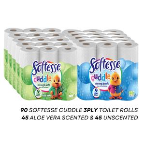 SOFTESSE Cuddle 90 Toilet Rolls, 3 Ply, Non Scented, Aloe Vera, 10x9pk - White Tissue - Lightweight Tissue - Panda Cuddle