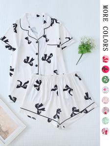 Two-piece Set Women's Printed Button Front Pocket Blouse & Elastic Waist Shorts Matching Pajama Set, Cute Elegant Comfy Soft Pj Lounge Set, Summer Clothes Women, Lady Sleepwear & Homewear, Summer Friday Set, Pajama Sets Women