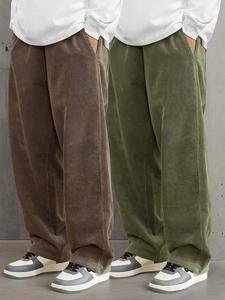 Men's Solid Pocket Drawstring Waist Corduroy Pants, Loose Casual Comfy Straight Leg Trousers for Fall & Winter, Men's Bottoms for Daily Wear